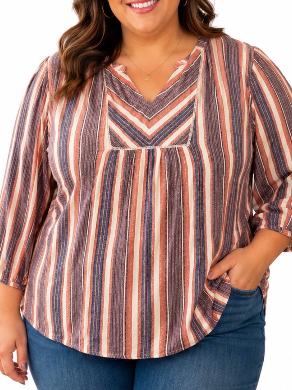 loralette Striped V-Neck Long Sleeve Women's Top/blouse Pink/tan/Blue Plus SZ 2X